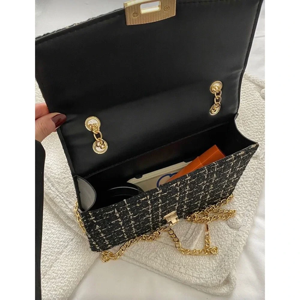 Black Tweed Plaid Chain Shoulder Bag Gold Hardware Crossbody Flap‎ Purse